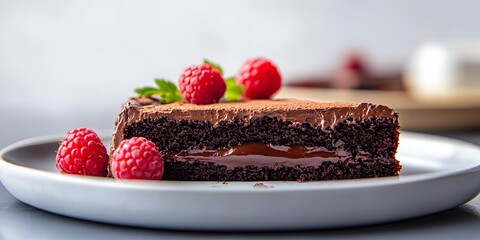 A decadent chocolate cake with a caramel filling, garnished with fresh raspberries.