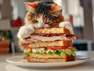 A calico cat sitting at the table with its paw on top of an epic turkey sandwich. food photography, bright and airy style. Stock photo, hyper-realistic, cute and quirky. Served on a white plate