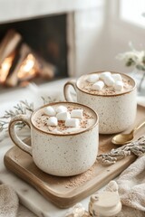 Cozy warmth: two mugs of hot cocoa with marshmallows by the fireplace