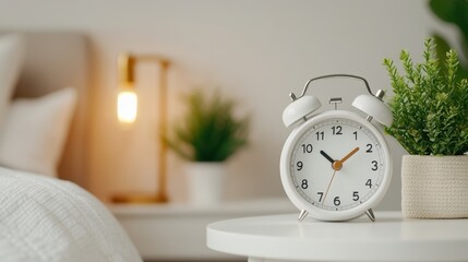 White alarm clock on minimalist bedroom side table with indoor plants and soft lighting