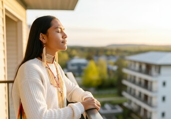 Young Native American woman in traditional attire relaxing on balcony at sunset - Powered by Adobe