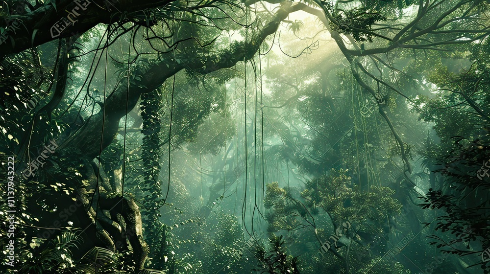 Poster . a dense rainforest with towering trees and vines draped across branches.