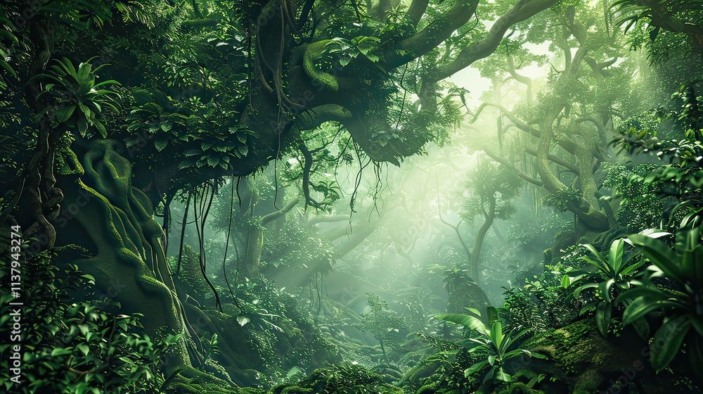 Aufkleber . a dense rainforest with towering trees and vines draped across branches.