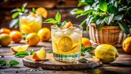 Vintage Style Photography of a Refreshing Yuzu Citrus Drink with Ice in a Classic Glass, Surrounded by Fresh Yuzu Fruits and Leaves, Evoking a Nostalgic Summer Vibe