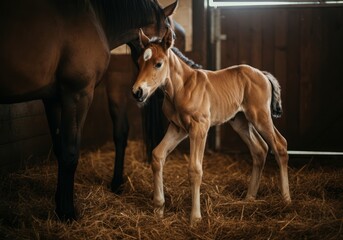 Naklejka premium Newborn foal standing on straw in a barn next to mare in warm light