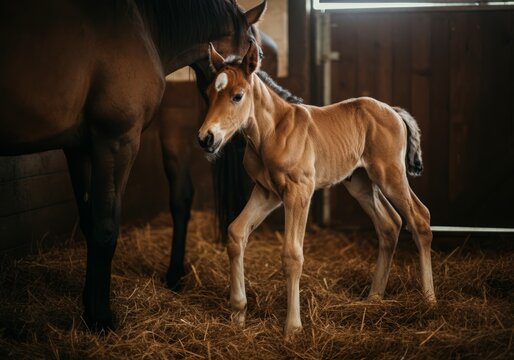 Newborn foal standing on straw in a barn next to mare in warm light