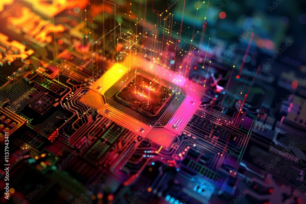 Poster a close-up of a computer chip illuminated by vibrant, colorful lights, showcasing intricate circuitr