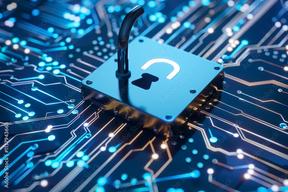 Poster a close-up view of a circuit board featuring a prominent keyhole, highlighting intricate electronic 