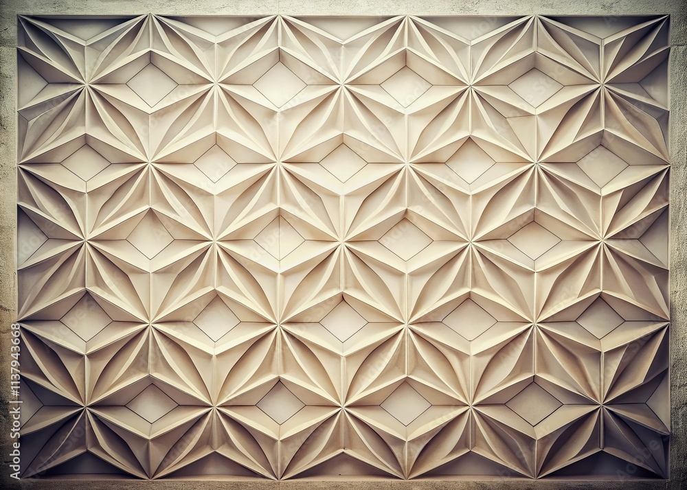 Poster vintage style photography of a white geometric pattern in 3d render with soft lighting and textured 