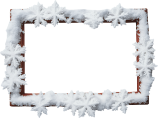 A Wooden Frame Decorated with Snowflakes and Snow isolated on Transparent and White Background