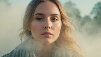 Fototapeta premium Suicide thoughts, portrait of young woman in soft, misty light, reflecting calm yet introspective emotions, symbolizing inner strength and vulnerability
