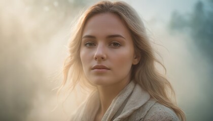 Suicide thoughts, portrait of young woman in soft, misty light, reflecting calm yet introspective emotions, symbolizing inner strength and vulnerability