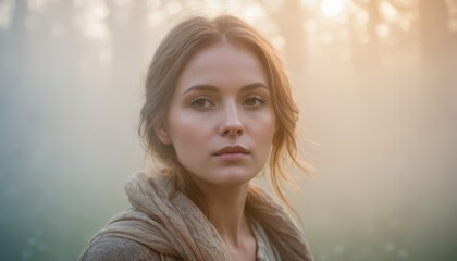 Suicide thoughts, portrait of young woman in soft, misty light, reflecting calm yet introspective emotions, symbolizing inner strength and vulnerability
