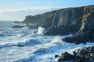 Dramatic Ocean Waves Crashing Against Rugged Coastal Cliffs