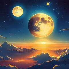 Fototapeta premium Radiant sun emitting golden rays, surrounded by clouds, stars, and colorful planets in a magical celestial scene
