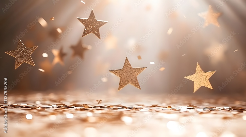 Poster a dreamy scene with floating golden stars and shimmering confetti in soft light.