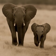 Naklejka premium African Elephants Mother and Calf in Savanna Grassland