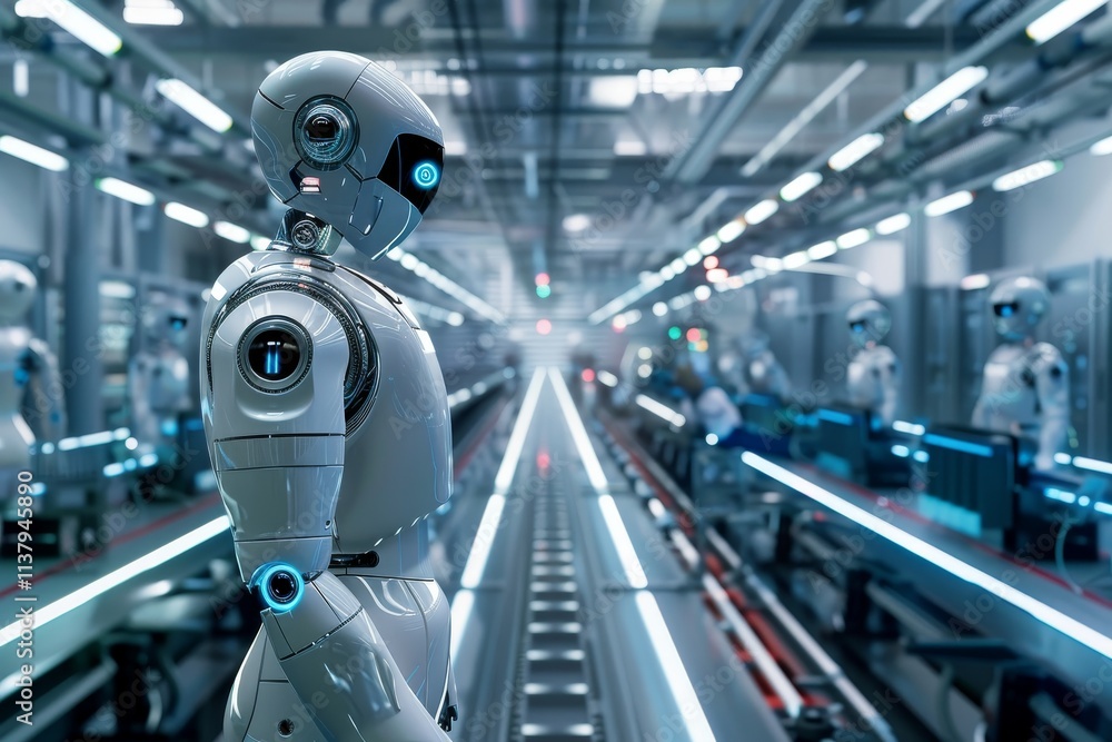 Poster a robot stands in a factory surrounded by various machines, showcasing advanced industrial automatio