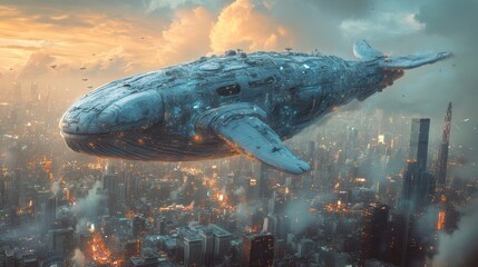 Obraz premium Futuristic whale-shaped airship soaring over a sprawling metropolis at sunset.