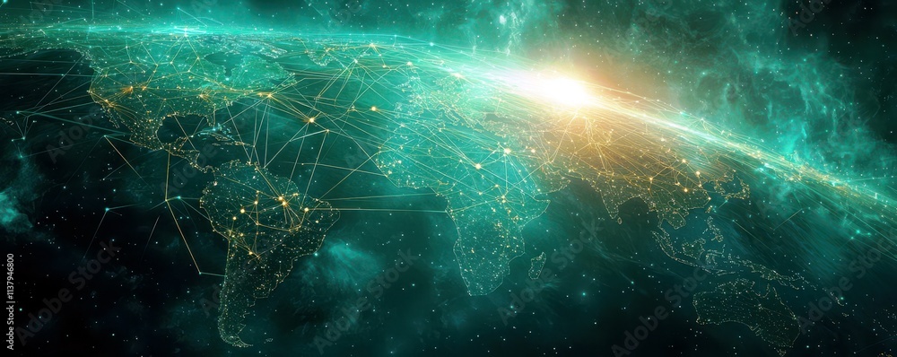 Poster stunning digital illustration of earth with connected points of light representing global networking