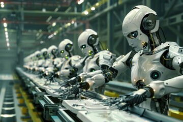 Fototapeta premium Robot workers efficiently assembling products on a modern assembly line, showcasing advanced automation technology. Robots working together in a factory .