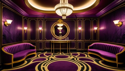 Elegant art deco lounge with purple velvet sofas and gold accents