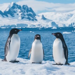 Fototapeta premium Antarctic Penguins on Snowy Landscape with Mountains