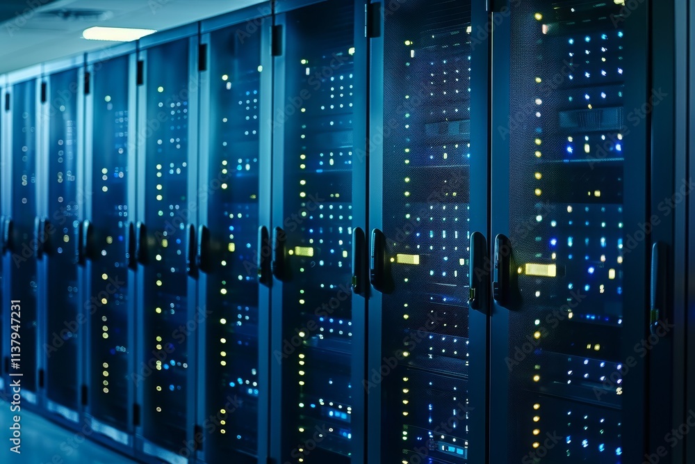Poster data center servers lined up with colorful lights glowing in the background, highlighting a dynamic 