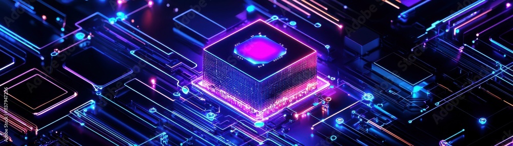 Poster neon circuit board with microchip in futuristic style, glowing lights and technological design conce