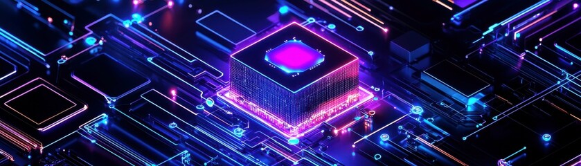 Neon Circuit Board with Microchip in Futuristic Style, Glowing Lights and Technological Design Concept for Digital Artwork and Innovations