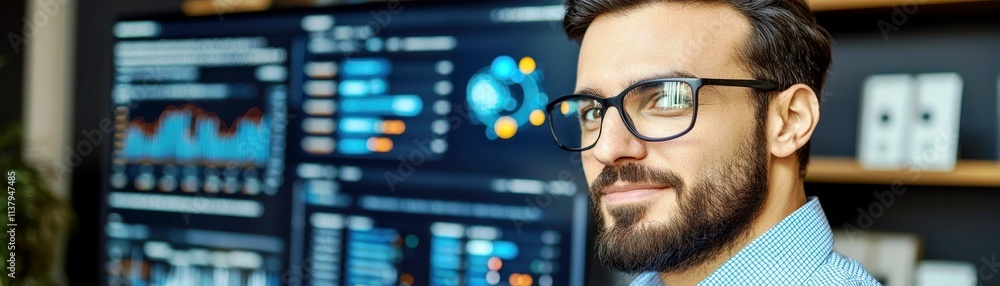 Poster confident young professional working with data analysis and business insights, observing charts and 