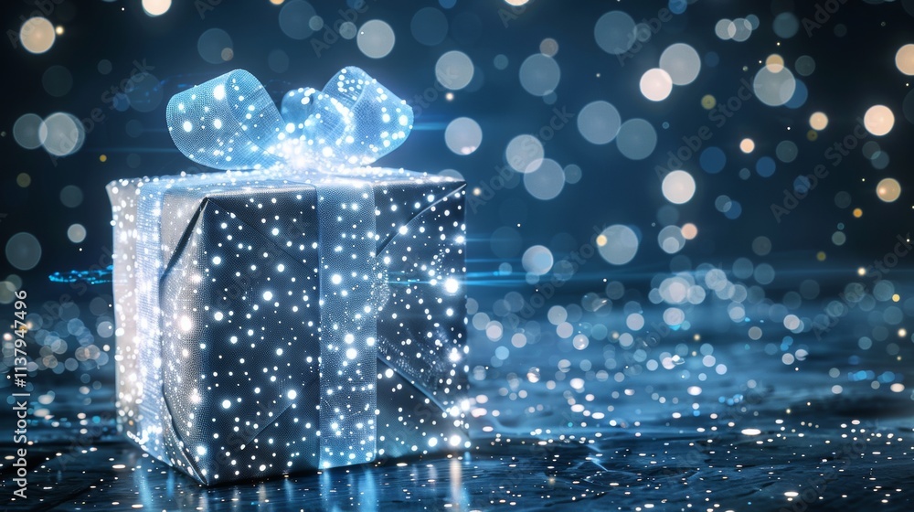 Poster Illuminated blue gift box on digital network background  exploring ai and technology concepts