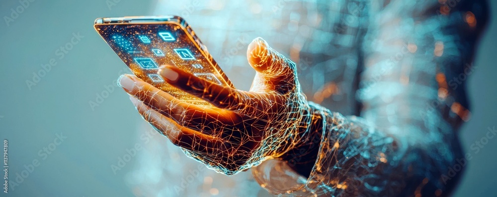 Poster futuristic hand holding smartphone with digital interface and glowing network connection, representi