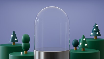 A festive glass dome sits on a silver stand. Green trees adorned with twinkling ornaments decorate the Christmas scene. 3D rendering.