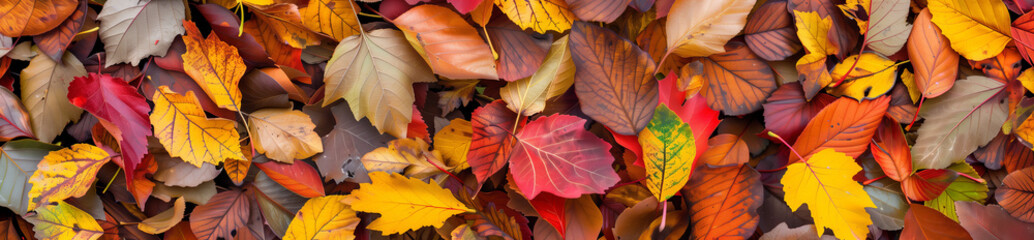 A panoramic background of colorful autumn leaves covering the ground, offering a seamless pattern with high resolution and detailed texture
