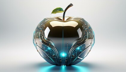 A clean, neutral background that highlights the apple's fusion of nature and advanced technology