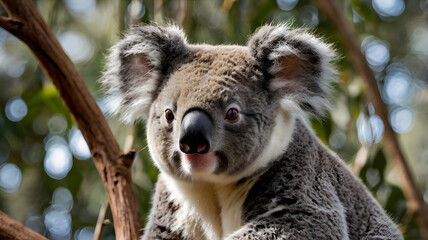 Fototapeta premium Koala in the Eucalyptus: A close-up portrait of a koala perched on a eucalyptus branch, its expressive eyes and fluffy ears capturing its unique charm.