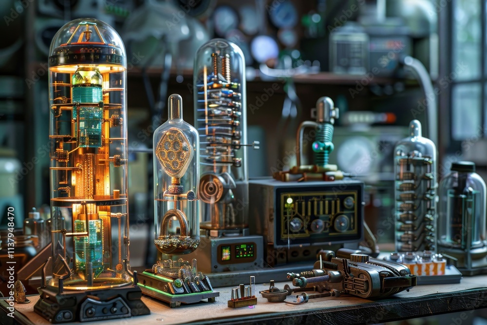 Poster a table displaying an assortment of steam-powered devices, showcasing intricate designs and vintage 