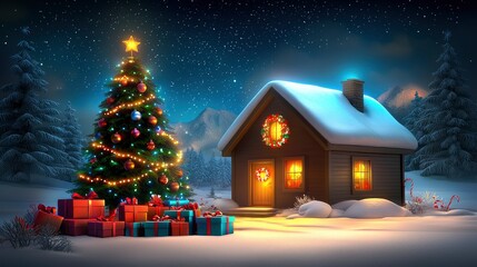 Magical Christmas Eve Cozy Cabin with Illuminated Christmas Tree and Presents