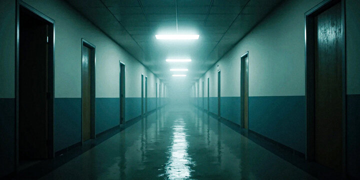 Dark Foggy Corridor with Reflections and Dim Lighting