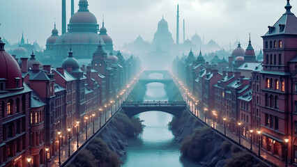 Misty cityscape with bridges and historic architecture at dusk
