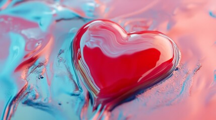 Melting plastic red heart. Pastel heart background. Valentine's Day concept