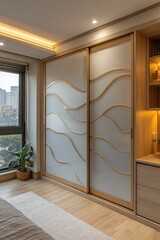 Modern bedroom with minimalist sliding door wardrobe, natural wood, and frosted glass panels.