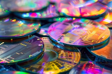 Fototapeta premium A vibrant assortment of plastic discs stacked together, showcasing a variety of colors and shapes. Silicon wafers with printed circuit board .