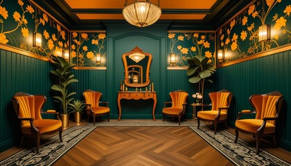 Vintage elegance in a luxurious art deco sitting room with floral wall patterns