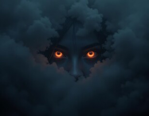 A pair of glowing eyes peering through dark mist