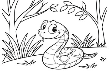 Obraz premium cute Rattlesnake, some grass and a tree, coloring book