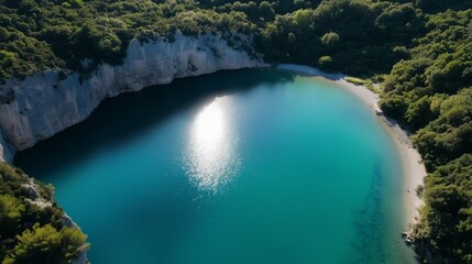 Obraz premium Beautiful secluded bay surrounded by lush greenery and rocky cliffs at sunrise