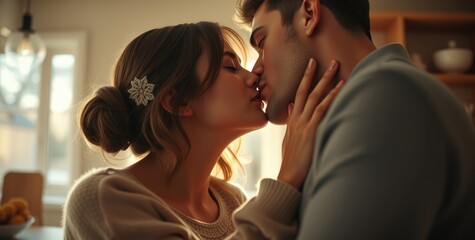 Naklejka premium A cozy interior illuminated by soft light captures a shy couple leaning in for their first kiss, celebrating love on Valentine's Day with warmth and intimacy