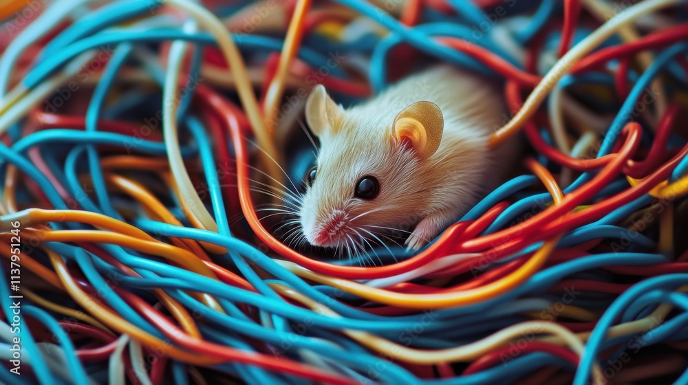 Poster a modern mouse lies amidst a chaotic array of colorful wires, highlighting technology's dynamic and 